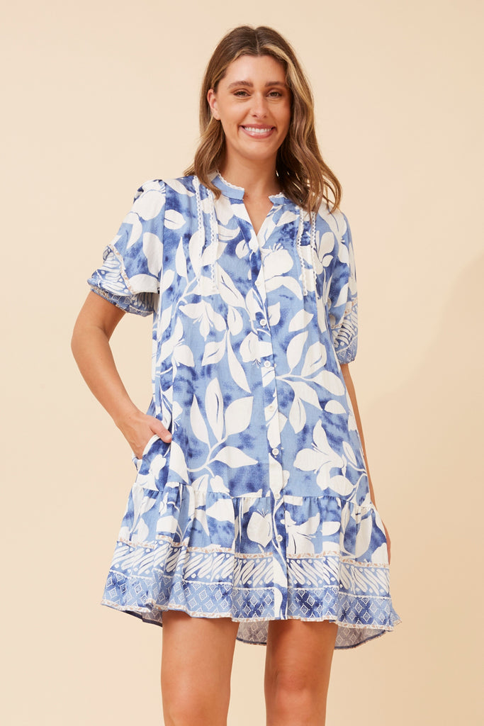 CKM - SHORT SLEEVE BUTTON THROUGH BORDER DRESS