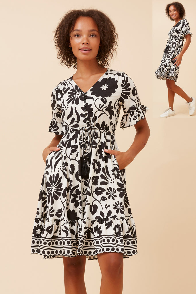 CKM - BORDER PRINT DRESS WITH WAIST TIE