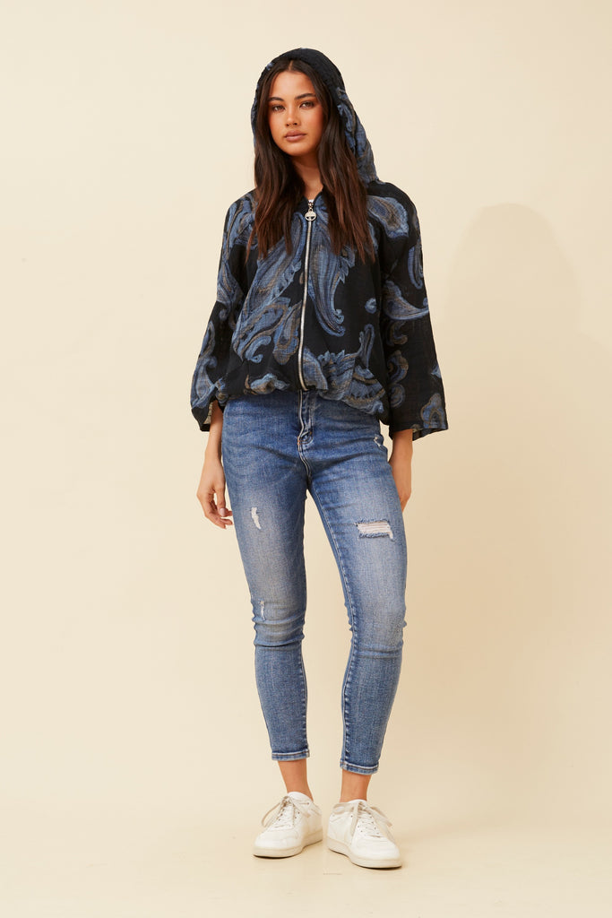 CKM - 3/4 SLEEVE PAISLEY PRINTED HOODY JACKET