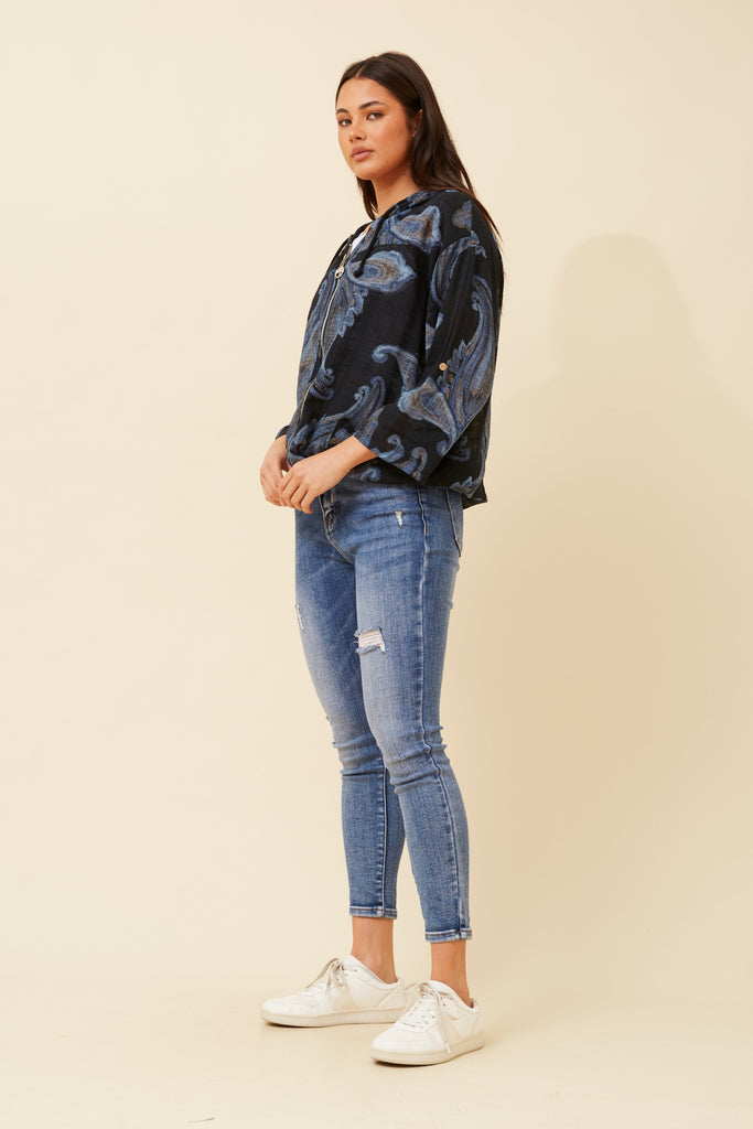 CKM - 3/4 SLEEVE PAISLEY PRINTED HOODY JACKET