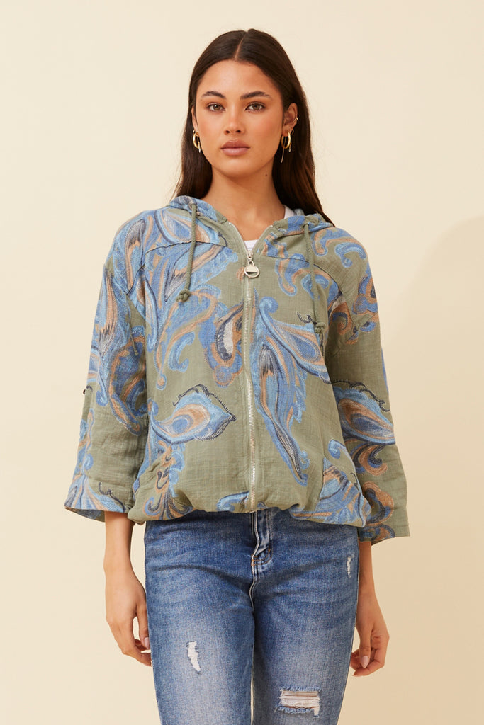 CKM - 3/4 SLEEVE PAISLEY PRINTED HOODY JACKET