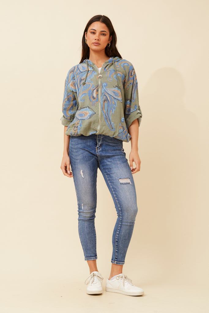CKM - 3/4 SLEEVE PAISLEY PRINTED HOODY JACKET