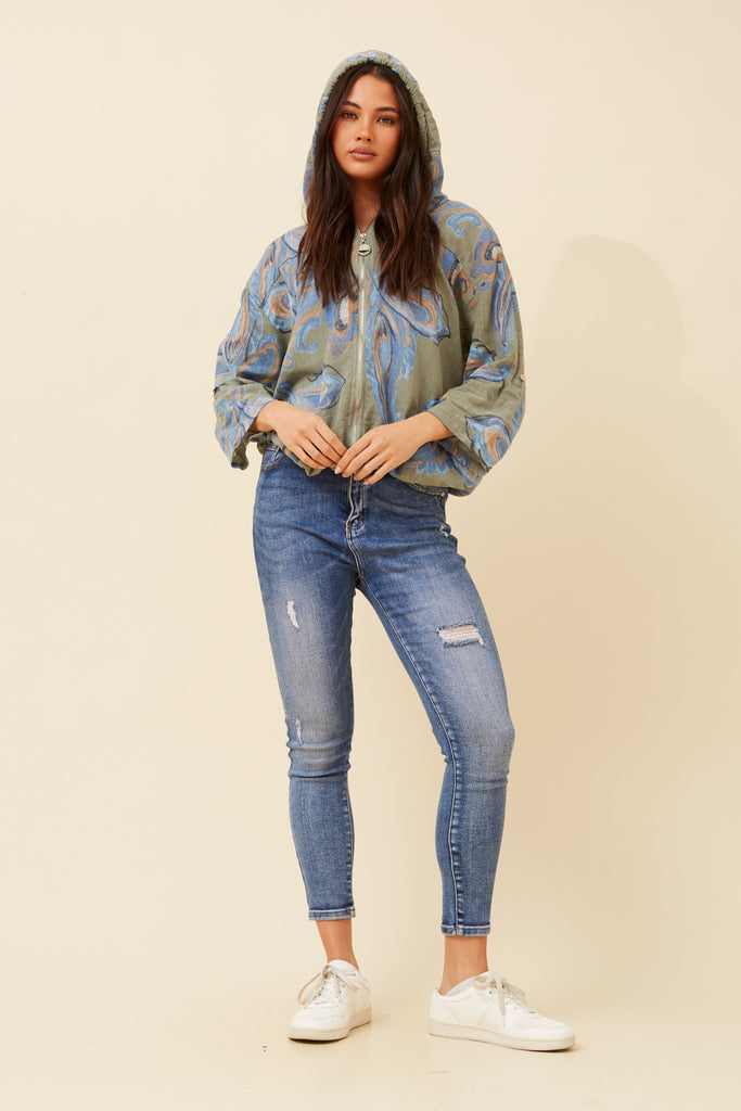 CKM - 3/4 SLEEVE PAISLEY PRINTED HOODY JACKET