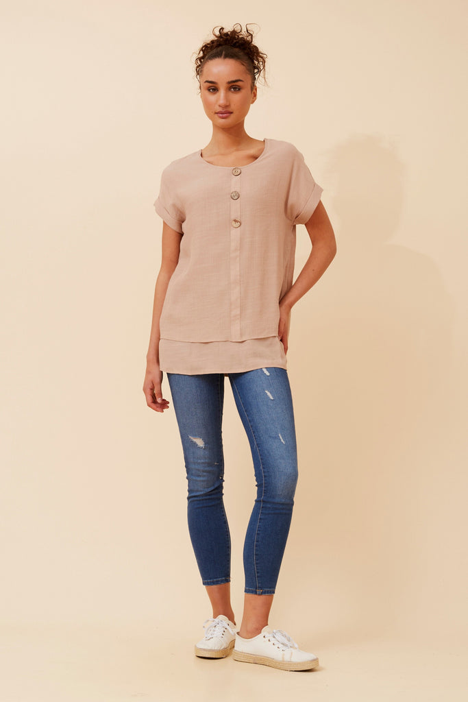 CKM - CAP SLEEVE TOP WITH FRONT BUTTON DETAIL