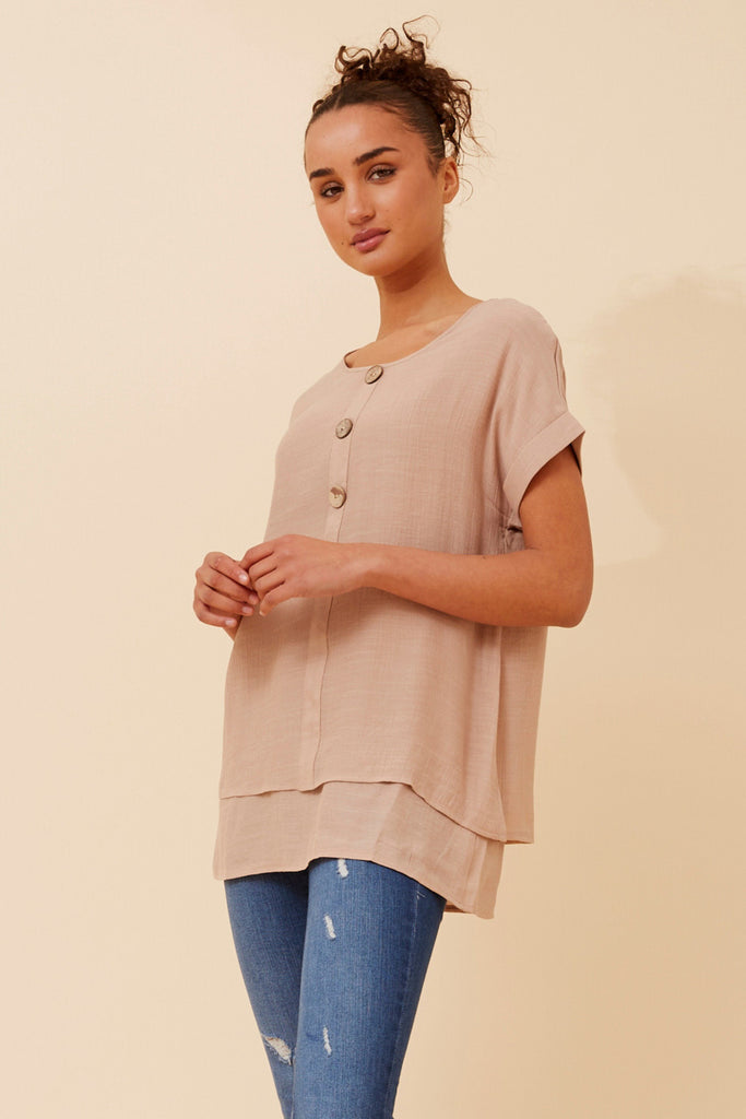 CKM - CAP SLEEVE TOP WITH FRONT BUTTON DETAIL