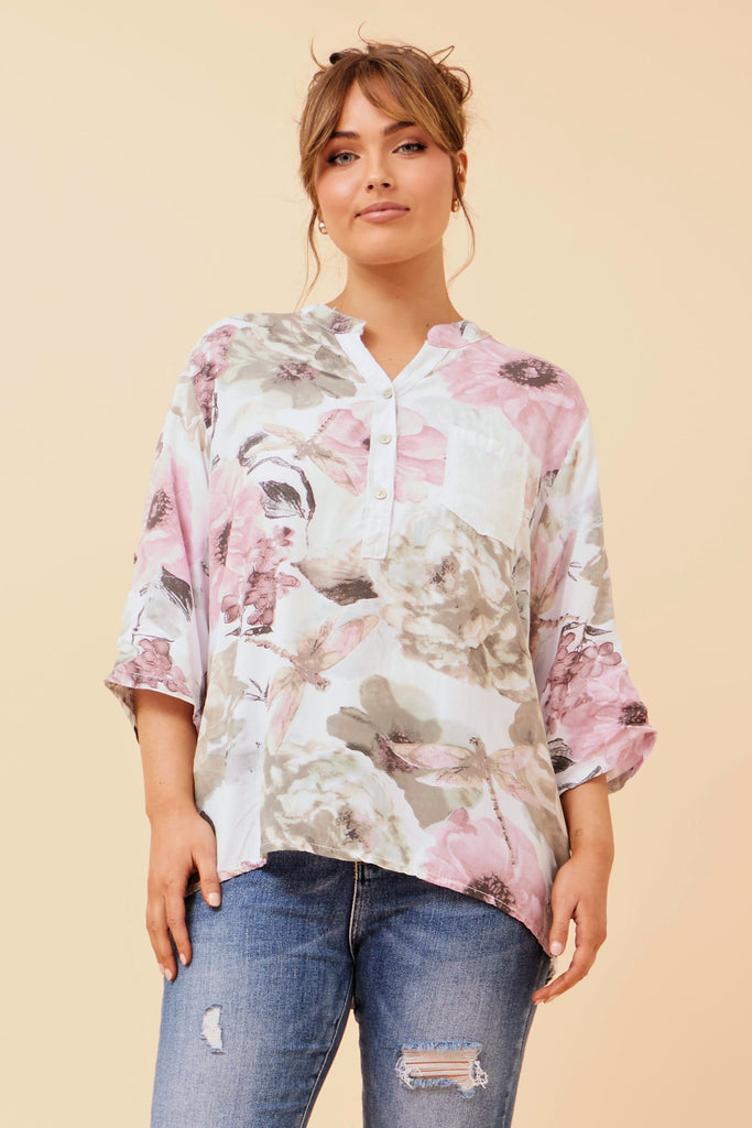 CKM - 3/4 SLEEVE PRINTED TOP WITH SEQUIN DETAIL