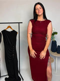STYLE STATE - FRONT RUCHED GOLD DETAIL TEXTURED JERSEY DRESS