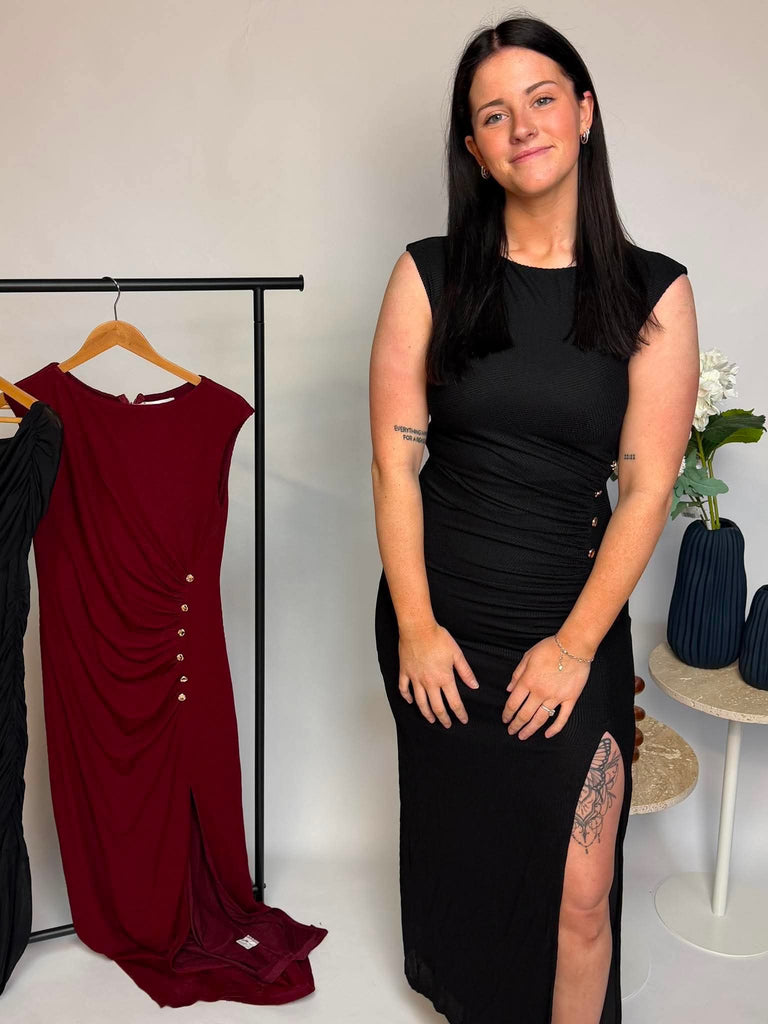 STYLE STATE - FRONT RUCHED GOLD DETAIL TEXTURED JERSEY DRESS