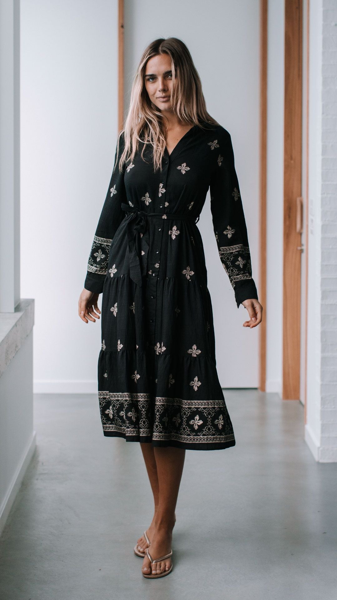MIRACLE - CAIRO TIE EMBROIDED MIDI DRESS