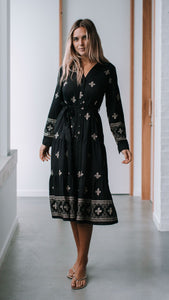 MIRACLE - CAIRO TIE EMBROIDED MIDI DRESS