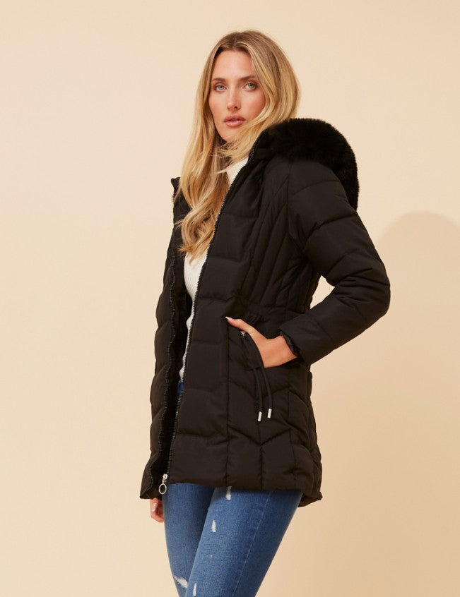 CKM - SOLID PUFFER COAT WITH FUR TRIM