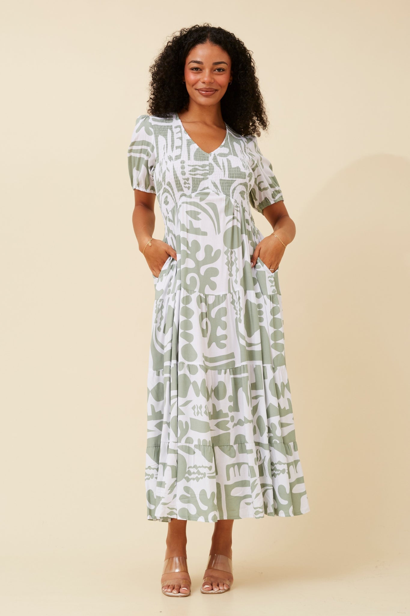 CKM - PUFF SLEEVE DRESS WITH DEEP V-NECK