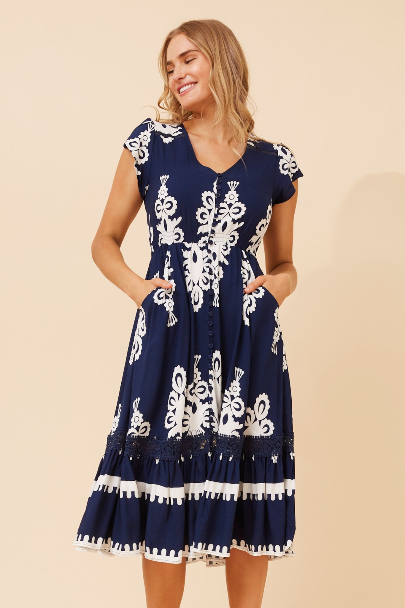 CKM - CAP SLEEVE PRINTED BUTTON THROUGH MIDI DRESS