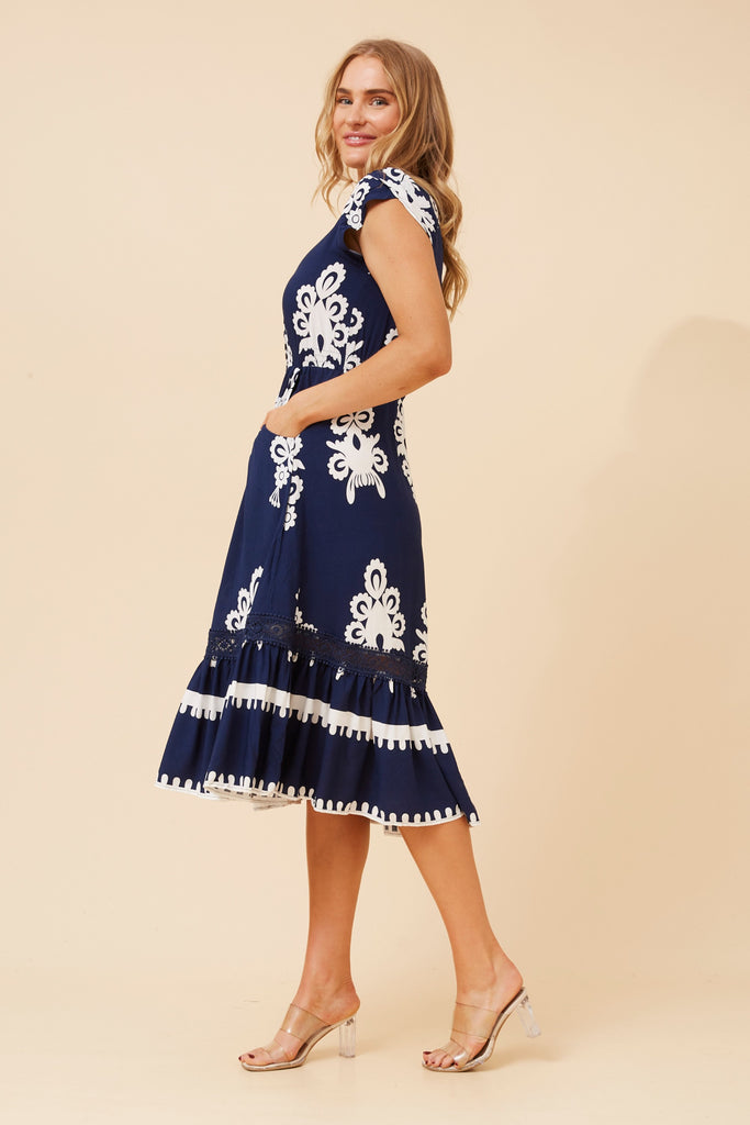 CKM - CAP SLEEVE PRINTED BUTTON THROUGH MIDI DRESS