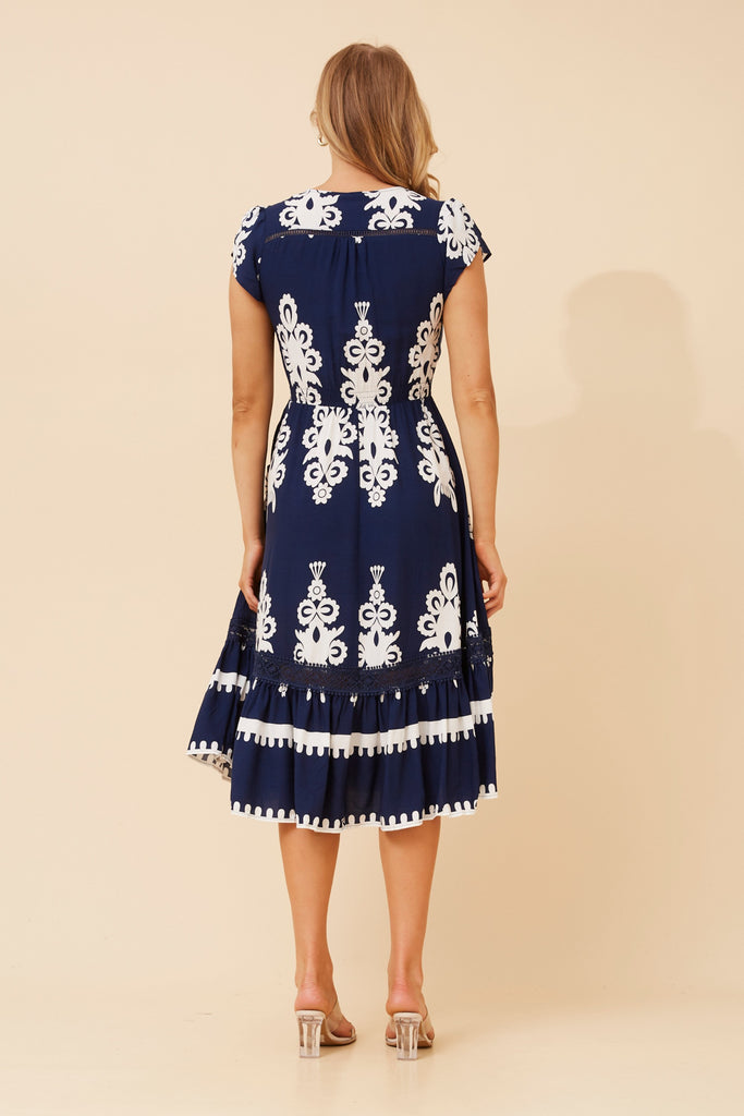 CKM - CAP SLEEVE PRINTED BUTTON THROUGH MIDI DRESS