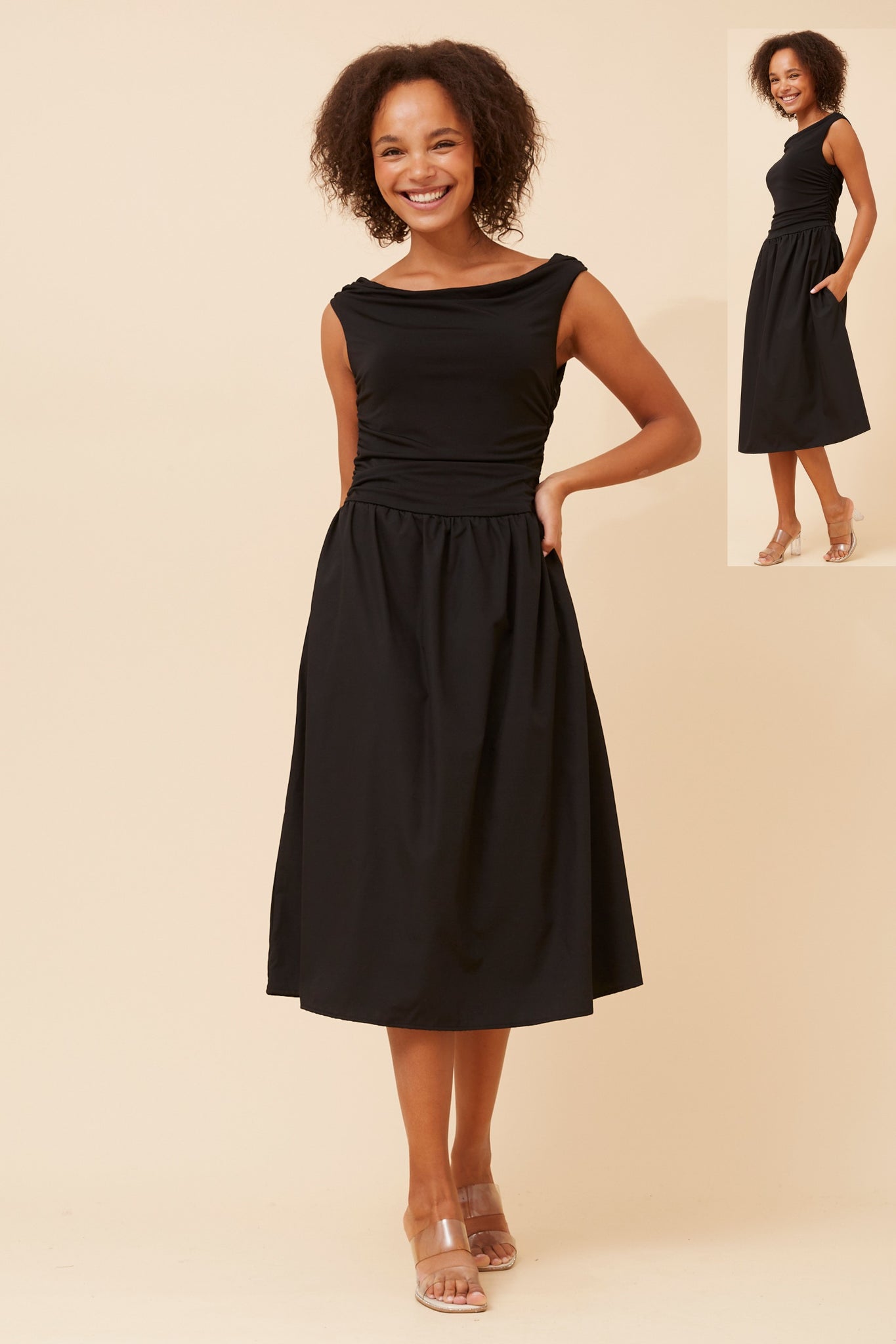 CKM - OFF SHOULDER ROUCHED BODICE MIDID DRESS