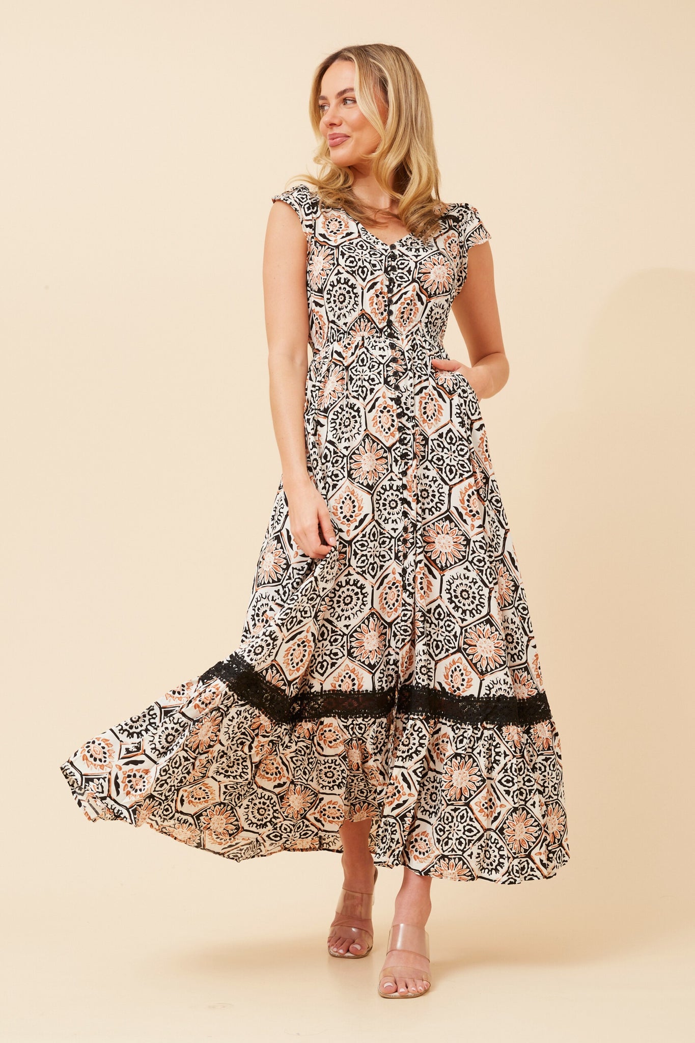 CKM - BUTTON THROUGH MAXI DRESS WITH LACE TRIM