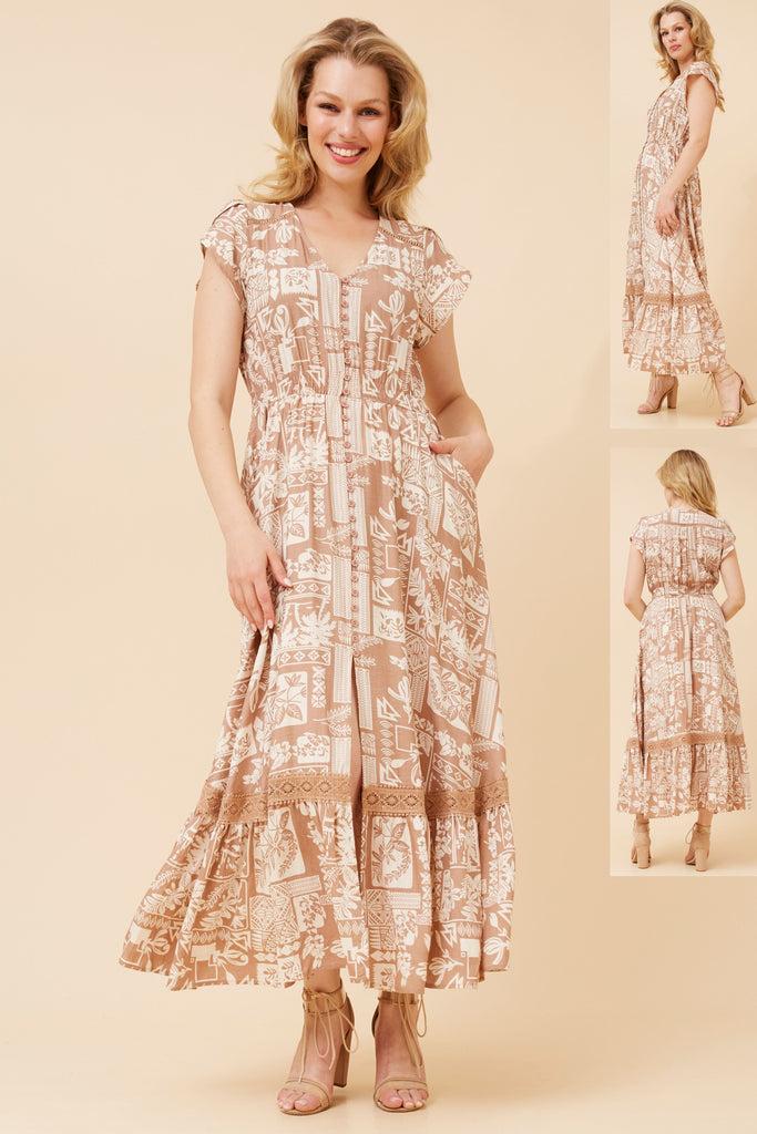 CKM - CAP SLEEVE MAXI DRESS WITH LACE TRIM