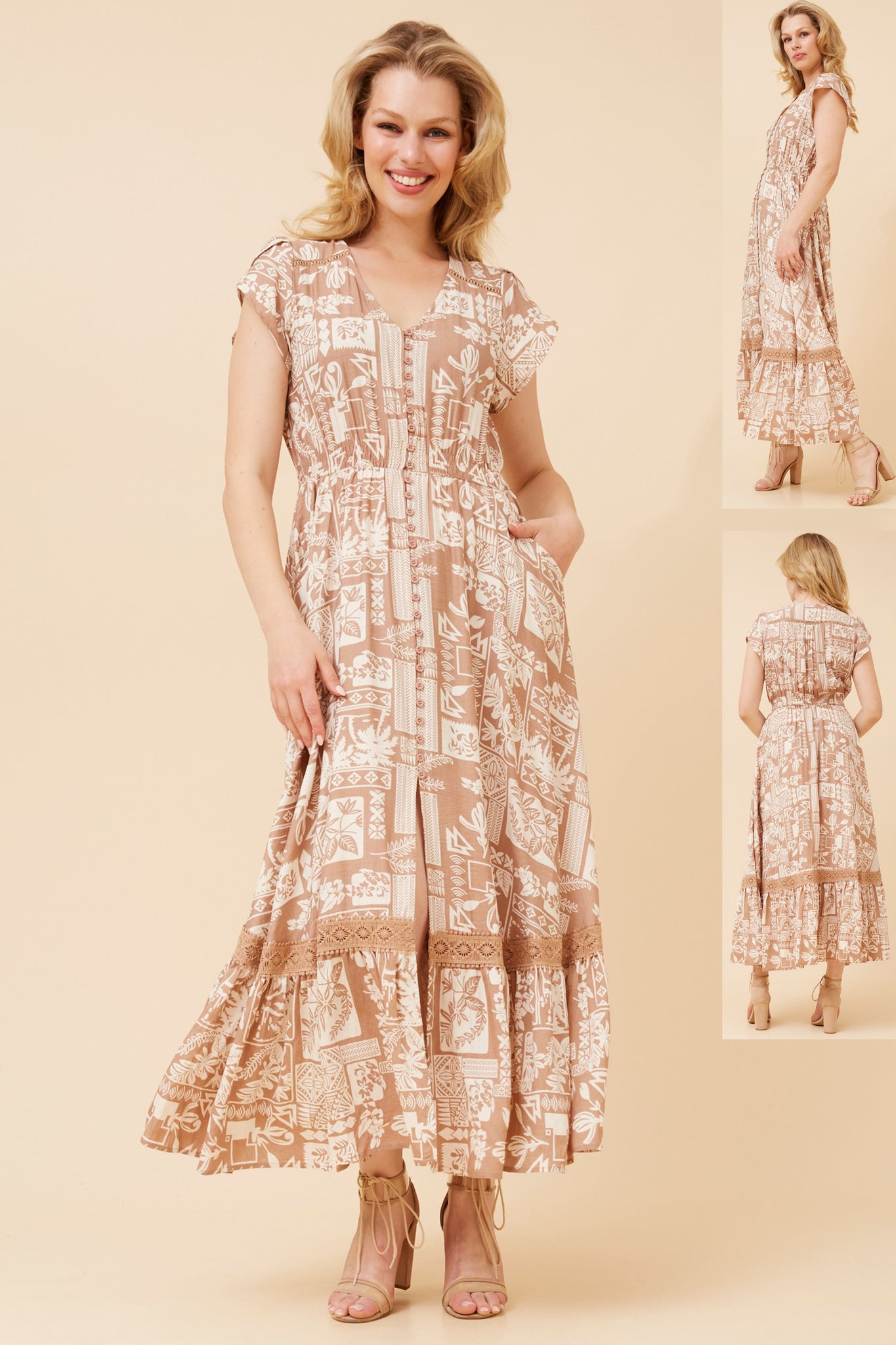 CKM - CAP SLEEVE MAXI DRESS WITH LACE TRIM