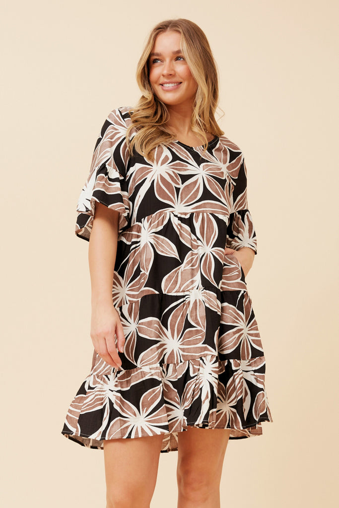 CKM - SHORT FRILL SLEEVE FLOWER PRINT DRESS