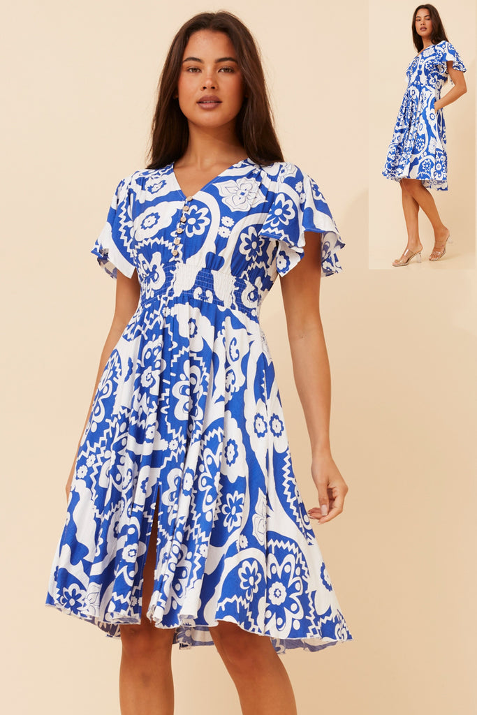 CKM - SHORT RUFFLE SLEEVE PRINTED DRESS
