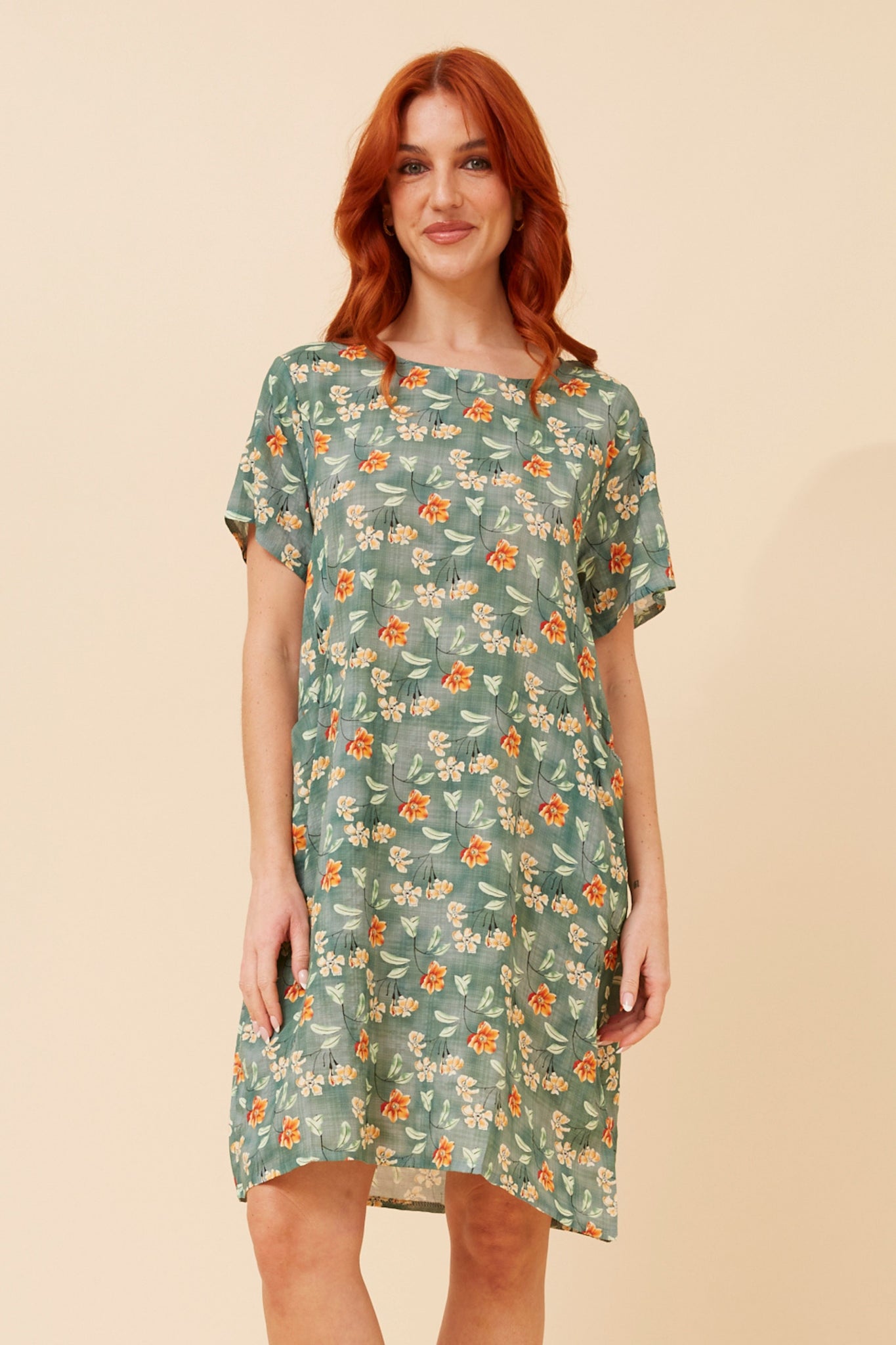 CKM - FLORAL PRINTED DRESS WITH FRONT POCKETS