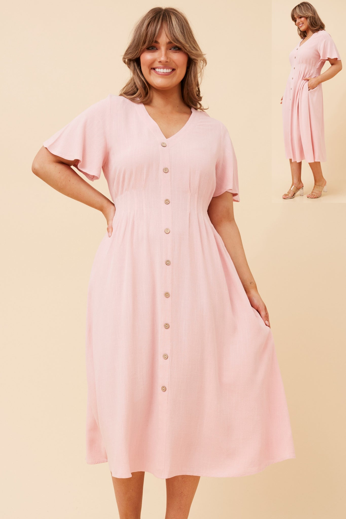 CKM -SHORT RUFFLE SLEEVE CORSET WAIST MIDI DRESS