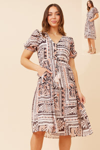 CKM - SHORT PUFF SLEEVE MIDI DRESS WITH DRAWSTRING WAIST