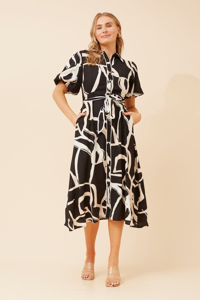 CKM - SHORT PUFF SLEEVE MIDI SHIRT DRESS