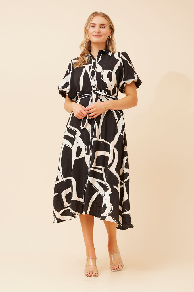 CKM - SHORT PUFF SLEEVE MIDI SHIRT DRESS