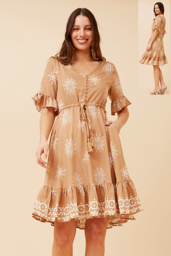 CKM - BORDER PRINT DRESS WITH WAIST TIE