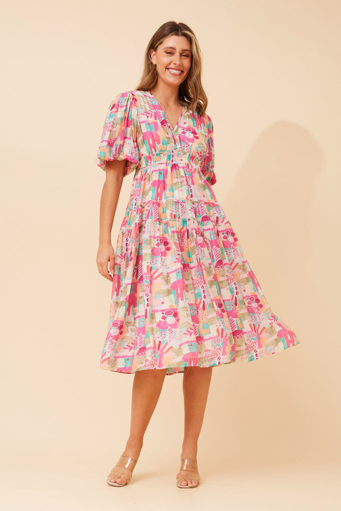 CKM - PUFF SLEEVE TIERED MIDI DRESS