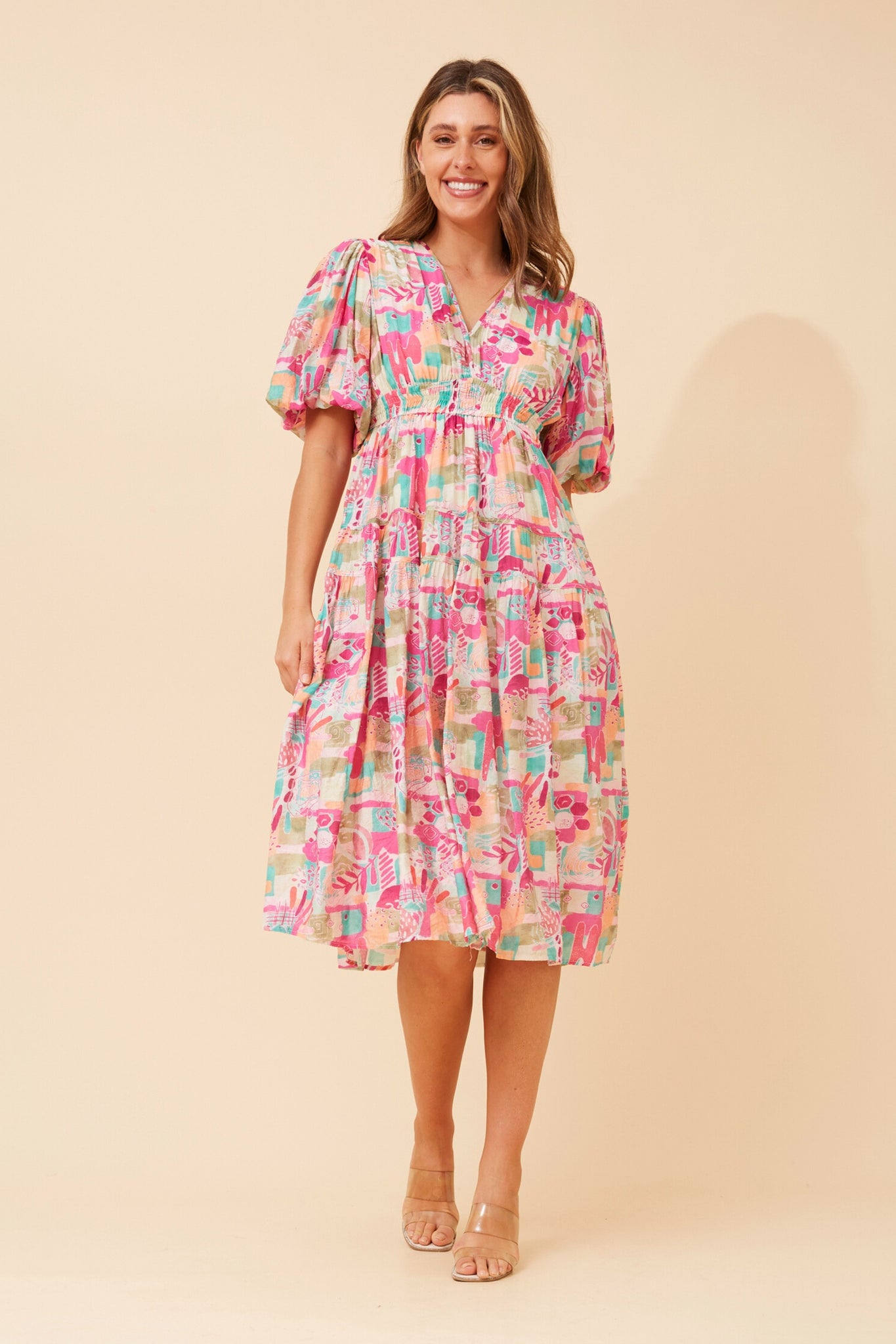 CKM - PUFF SLEEVE TIERED MIDI DRESS