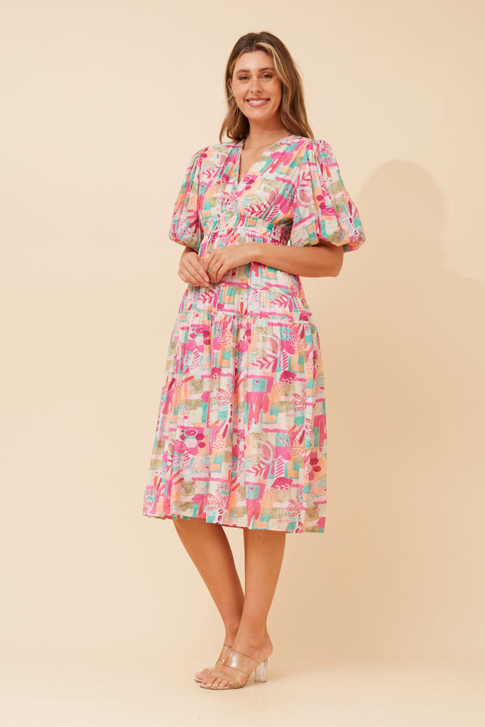 CKM - PUFF SLEEVE TIERED MIDI DRESS