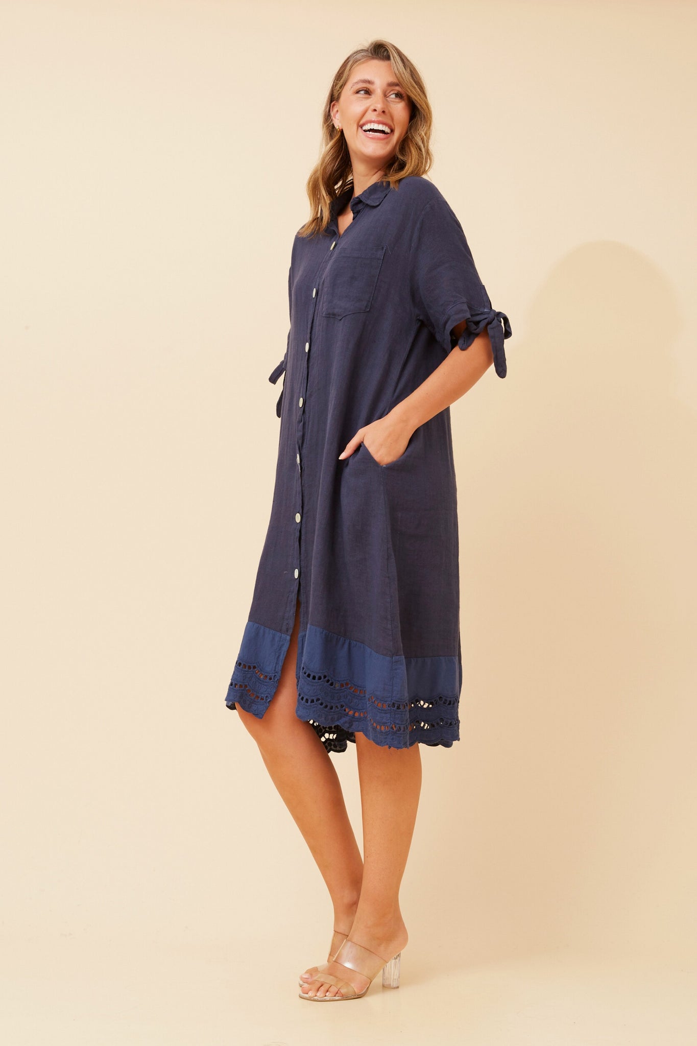 CKM - ELBOW LENGTH BOW SLEEVE MIDI SHIRT DRESS