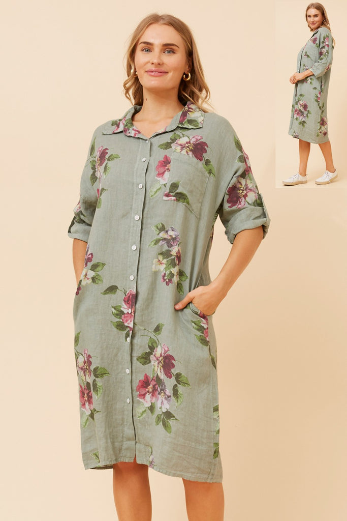 CKM - 3/4 SLEEVE FLORAL SHIRT MIDI DRESS
