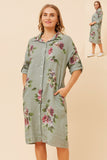 CKM - 3/4 SLEEVE FLORAL SHIRT MIDI DRESS