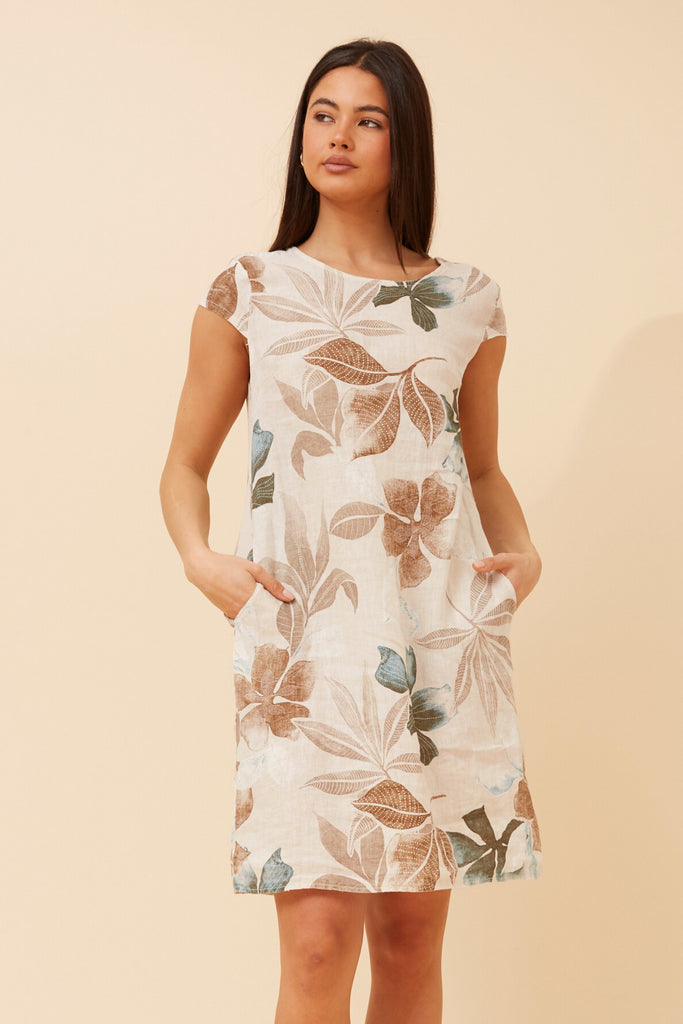 CKM - SHORT SLEEVE LEAF PRINTED DRESS