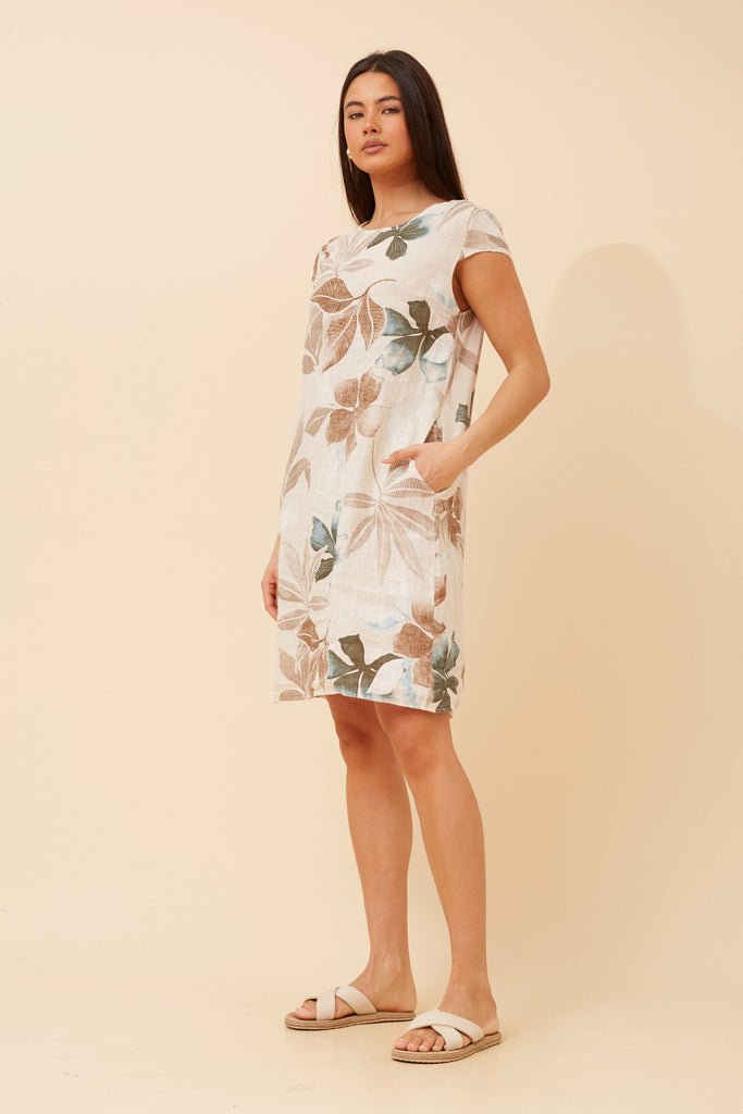CKM - SHORT SLEEVE LEAF PRINTED DRESS