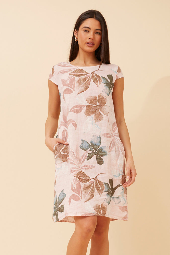 CKM - SHORT SLEEVE LEAF PRINTED DRESS