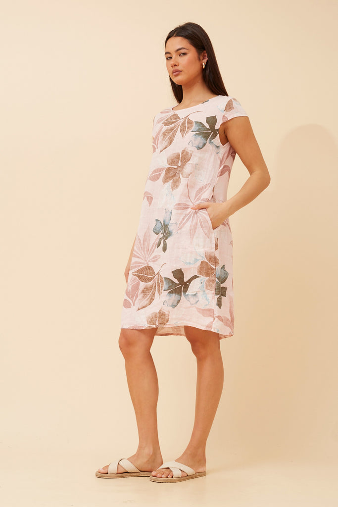 CKM - SHORT SLEEVE LEAF PRINTED DRESS