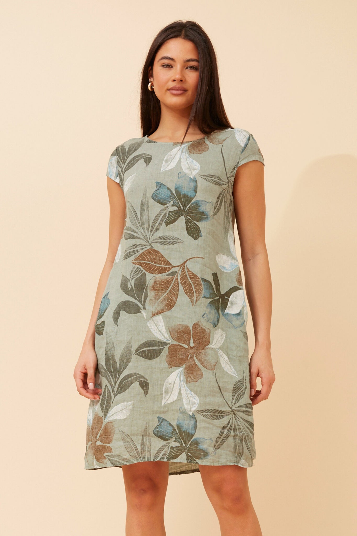 CKM - SHORT SLEEVE LEAF PRINTED DRESS