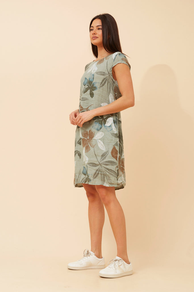 CKM - SHORT SLEEVE LEAF PRINTED DRESS