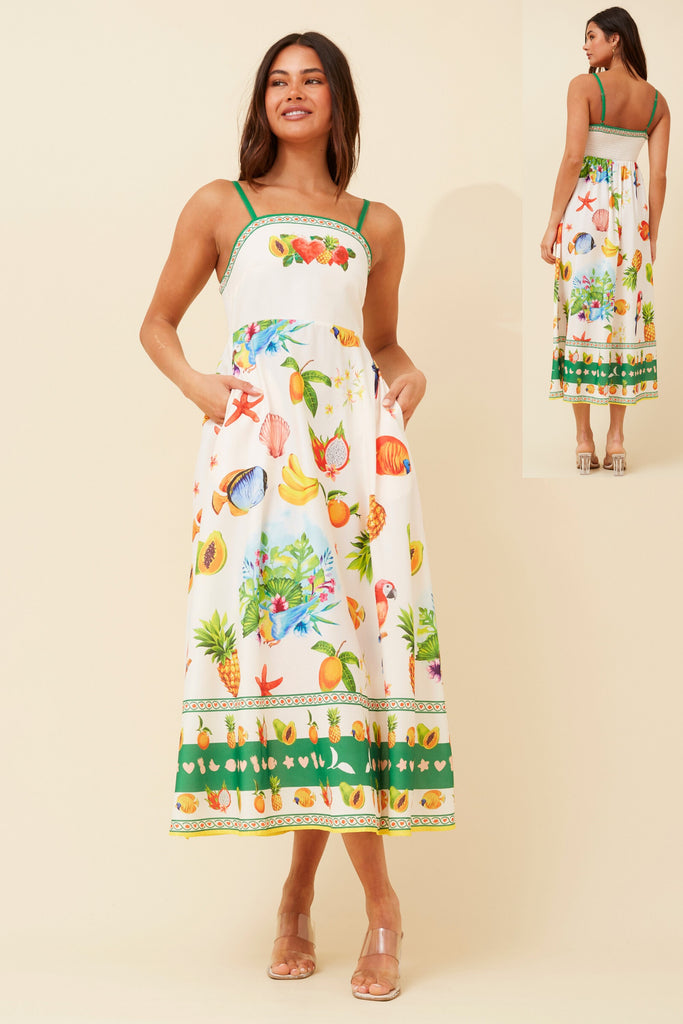 CKM - STRAPPY FRUIT PRINT MIDI DRESS