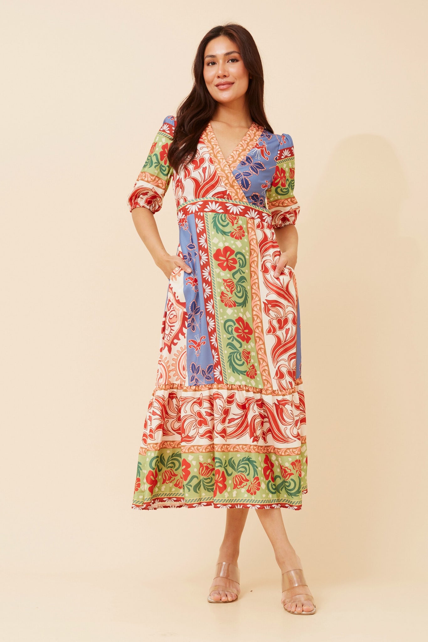 CKM - PUFF SLEEVE PRINTED CROSSOVER DRESS