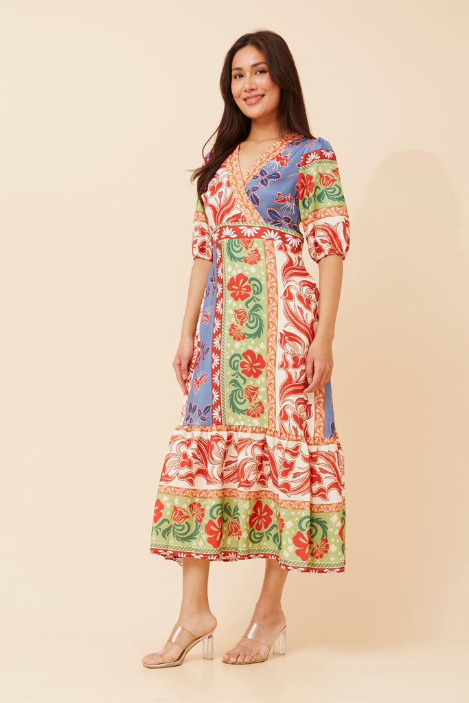CKM - PUFF SLEEVE PRINTED CROSSOVER DRESS