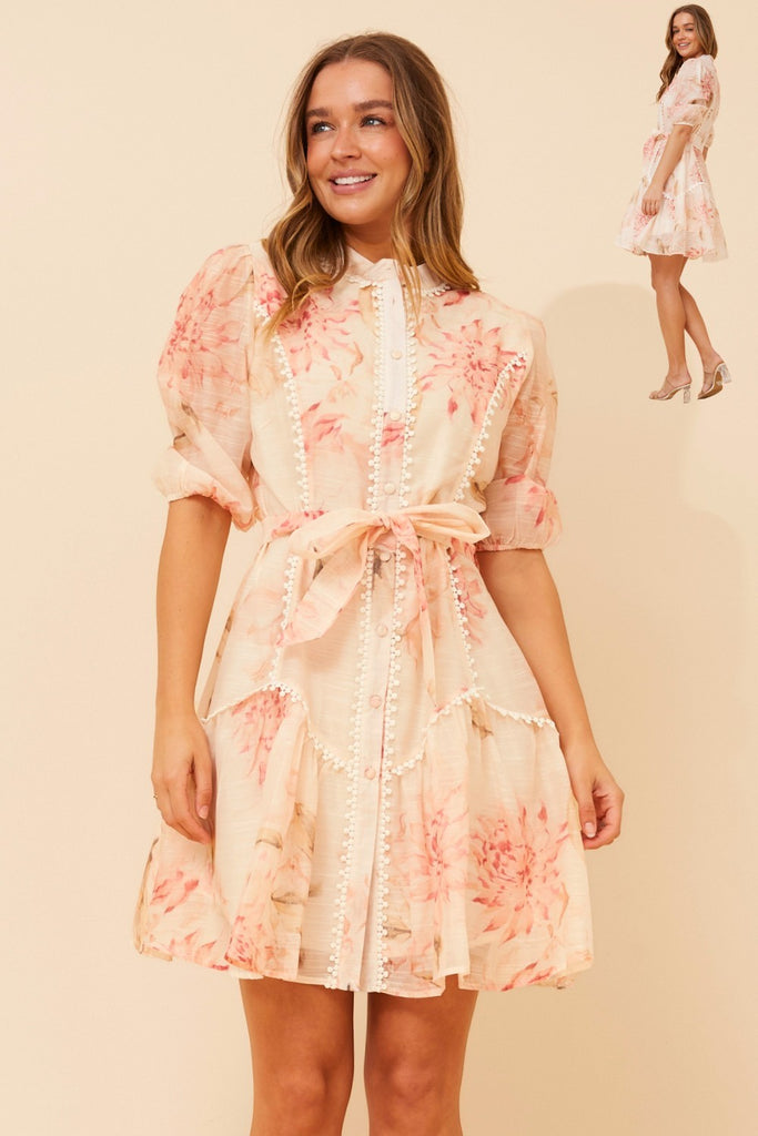 CKM - 3/4 SLEEVE HIGH NECK FLORAL PRINT DRESS