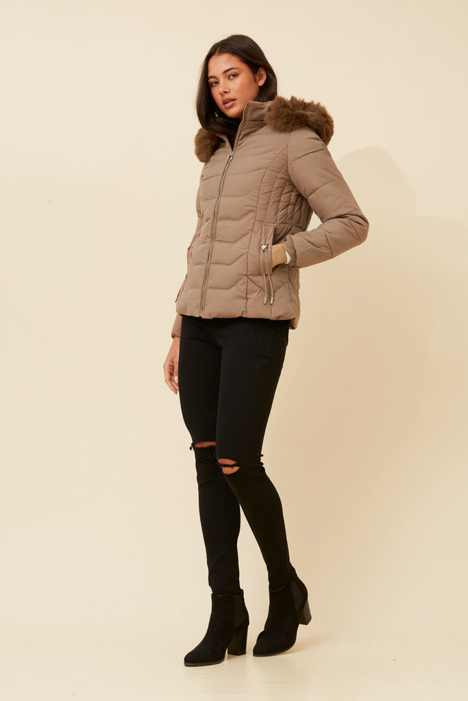 CKM - LONG SLEEVE PUFFER JACKET WITH FUR TRIMMED HOOD