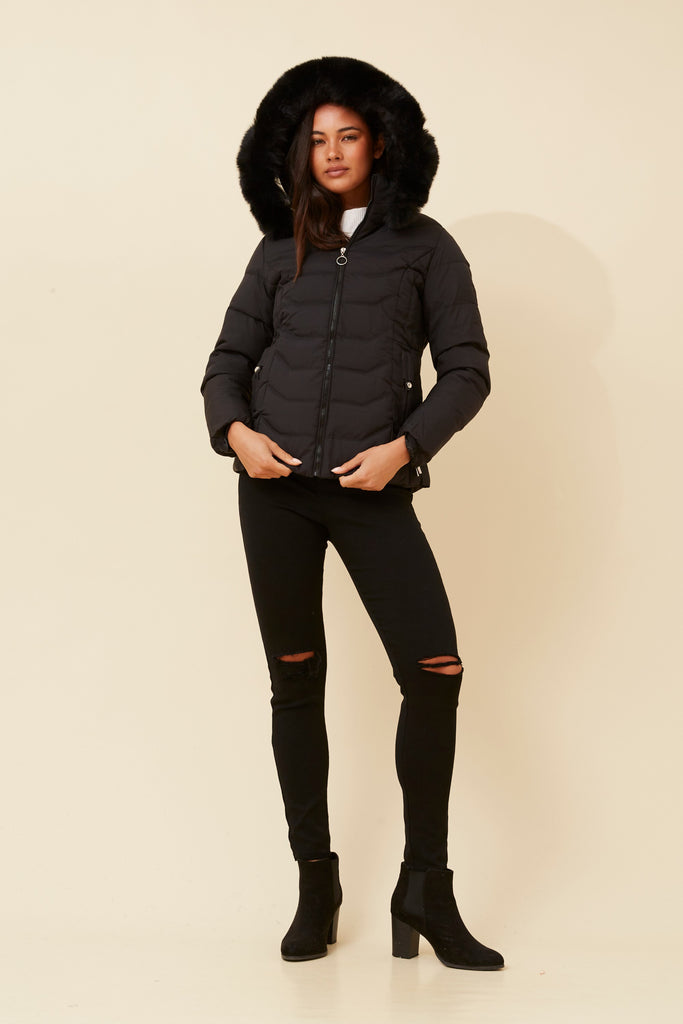 CKM - LONG SLEEVE PUFFER JACKET WITH FUR TRIMMED HOOD