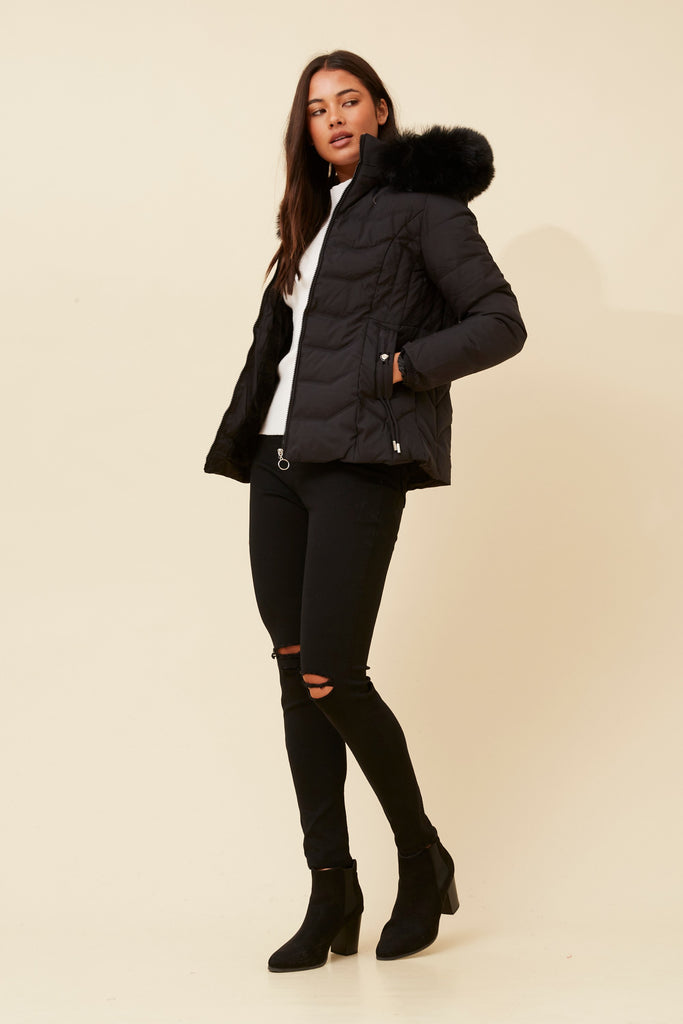 CKM - LONG SLEEVE PUFFER JACKET WITH FUR TRIMMED HOOD